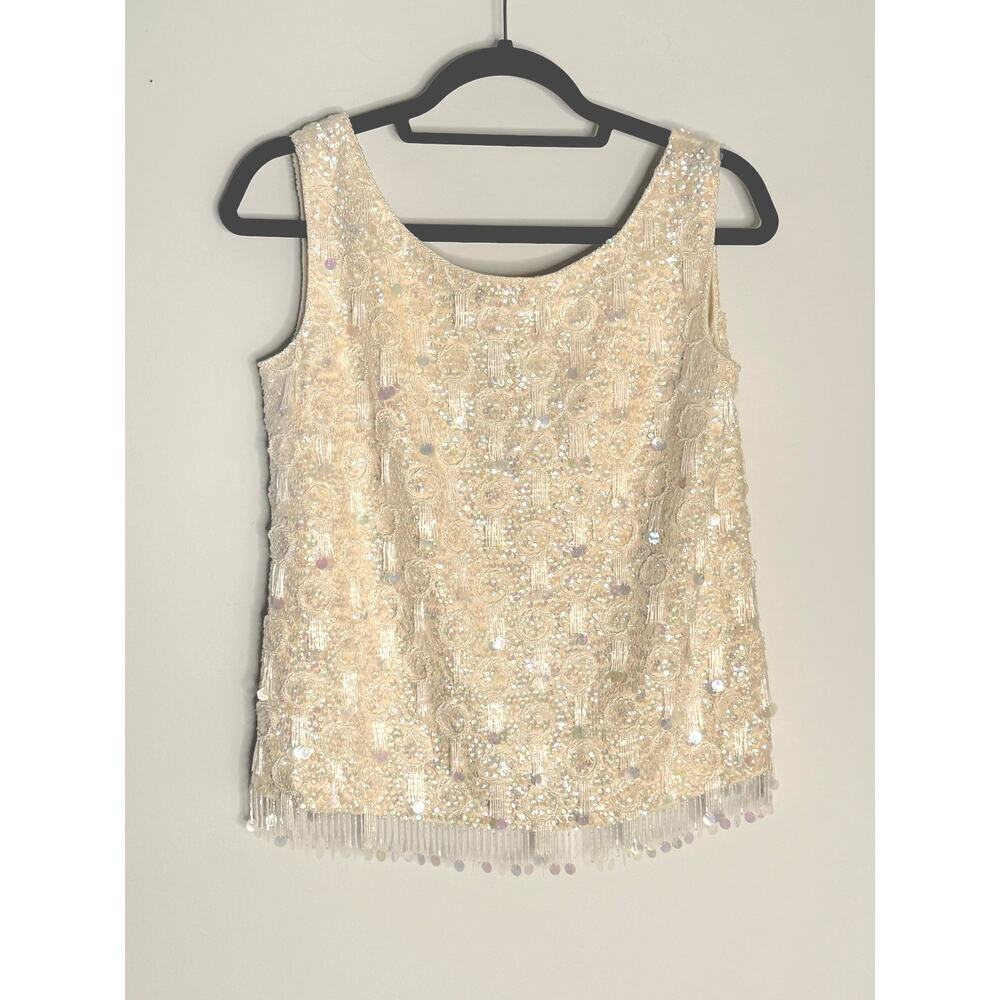 Vintage Lillie Rubin Champagne Beaded Fringe Embellished Evening Shell 36 (S) - Picture 1 of 7